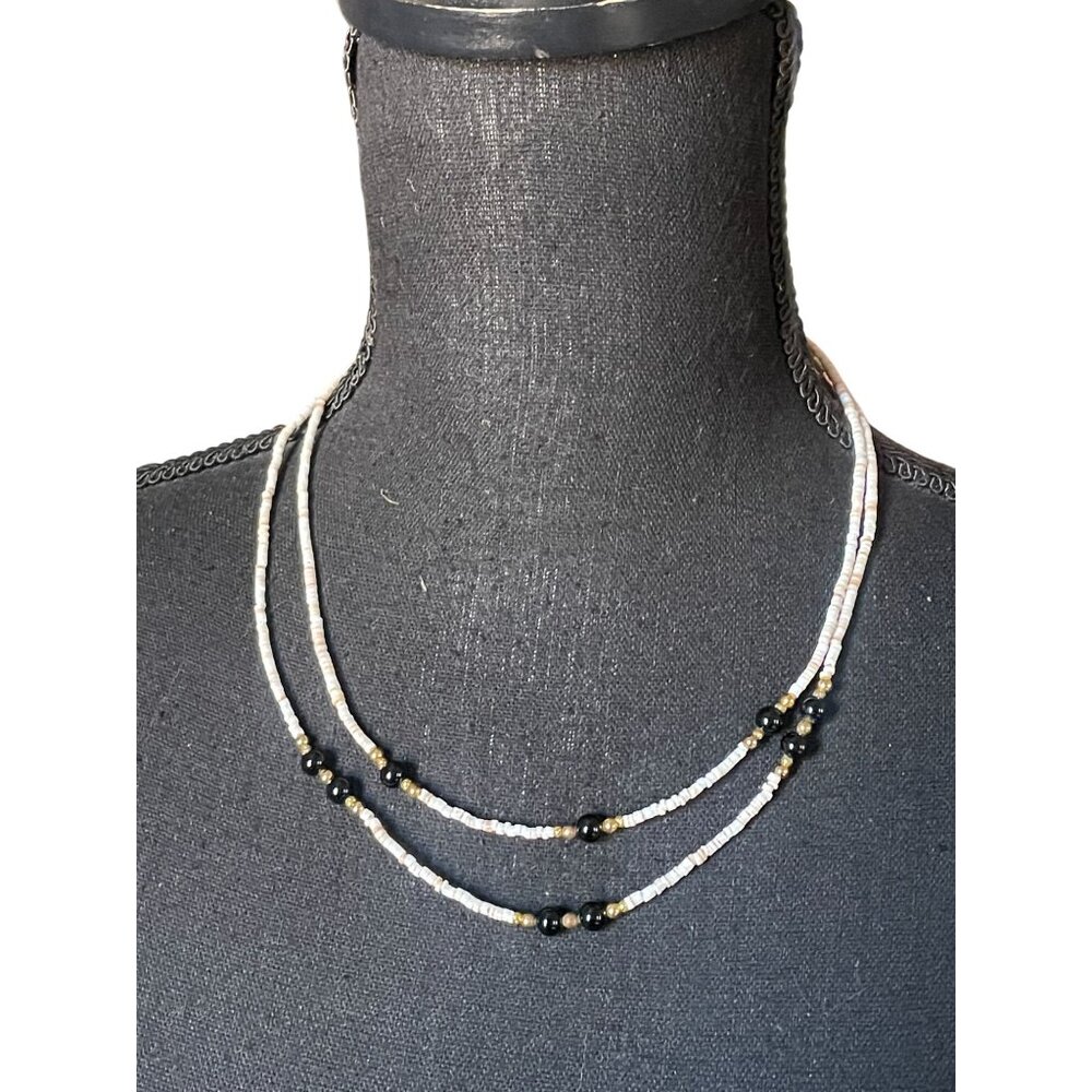 Multi-Strand Coastal Shell Necklace - Raw White Nuggets with Black Accents